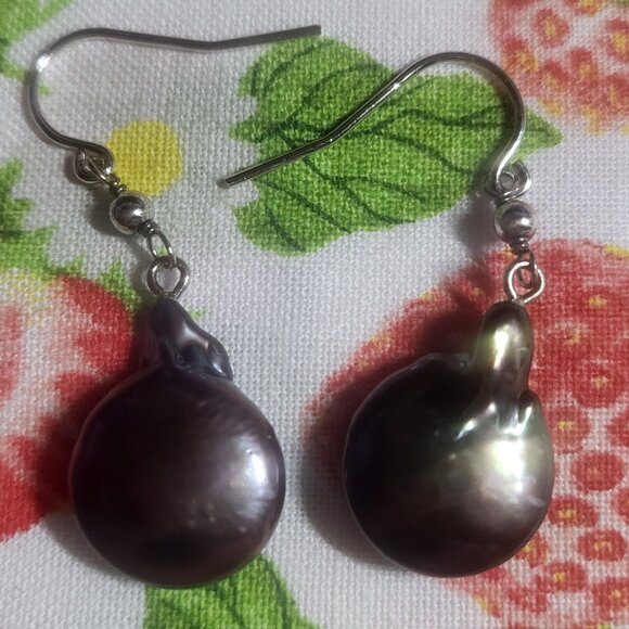 Natural Tahitian Baroque Keshi Coin Pearl Dangle Earrings - Picture 1 of 4